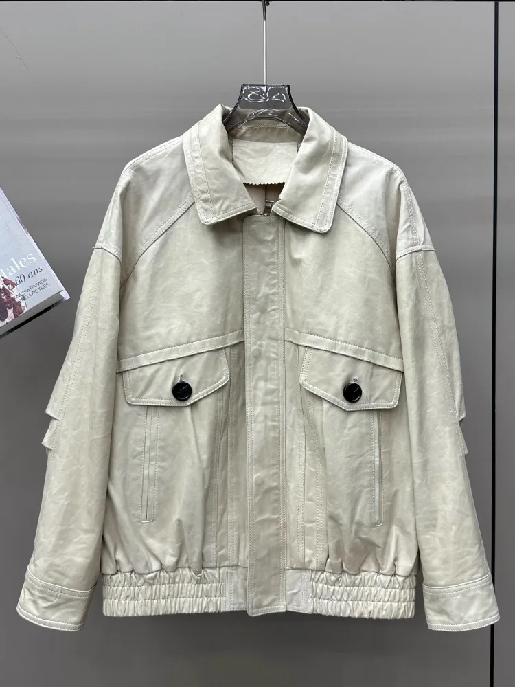 الخريف خمر النفط الشمع معطف جلد الغنم عادية فضفاضة تناسب المرأة سترة جلدية حقيقية ترتيب الأسرة طوق ملابس خارجية سترة واقية الإناث