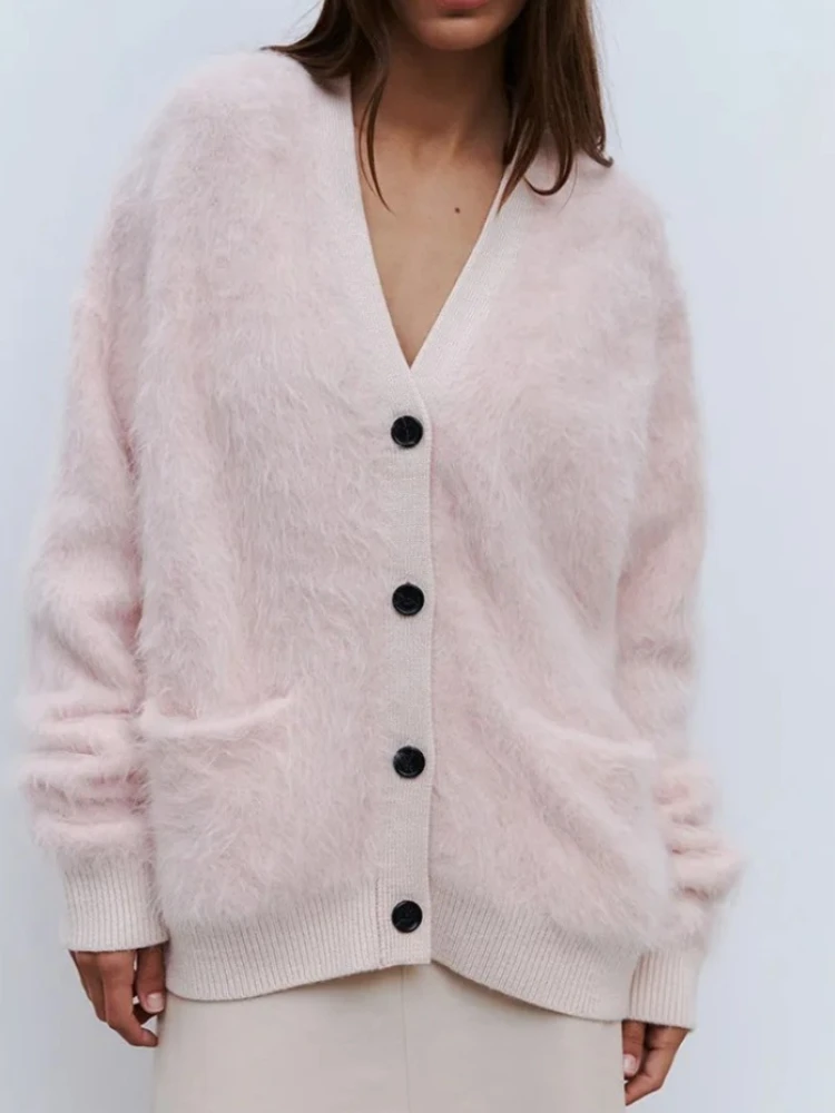 

Новый зимний вязаный кардиган из искусственного меха норки, куртка большого размера, свободный крой, мягкая вязка на пуговицах, модный женский осенний модный свитер