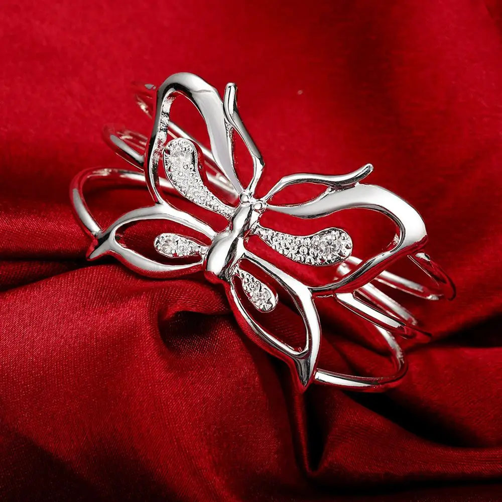 

925 Sterling Silver Aaa Zircon Big Butterfly Wide Bangles Bracelets For Women Adjustable Jewelry Fashion Wedding Party Gifts