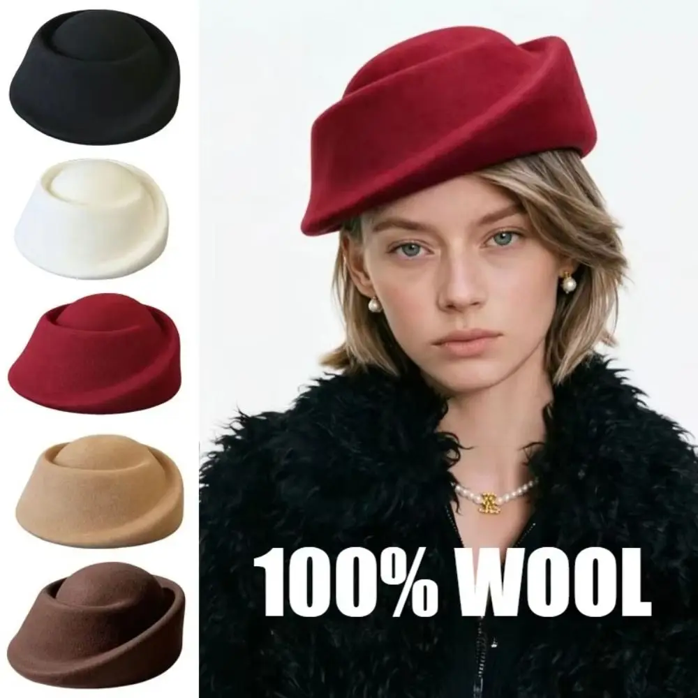 Vintage Hepburn Style Wool Pillbox Hat Elegant Teardrop Fedora Hat Air Hostess Dome Woolen Top Hat Women