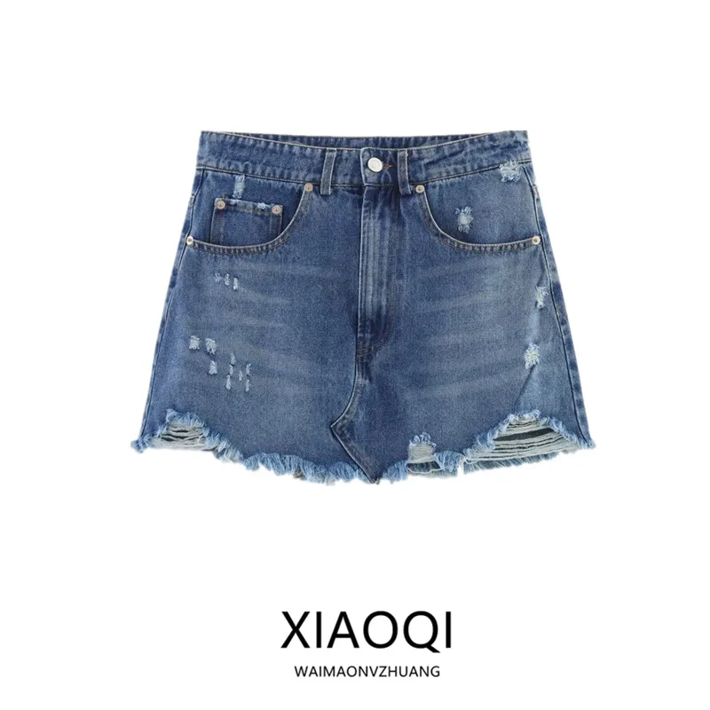 

New Summer 2025 Women's Cotton Denim Skirt Hole Punching mid Waist Midi Skirt Versatile Sle ort Length Faionable