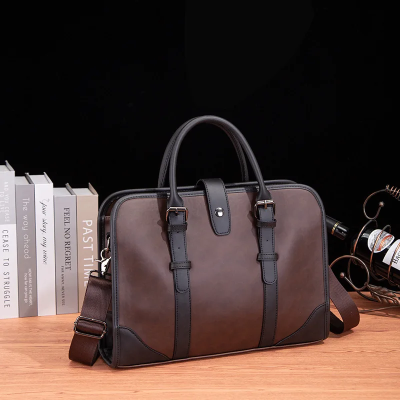 Men Leather New Trendy Business Office Handbag Document Bag Men's Retro Single Shoulder Crossbody Briefcase Messenger Bag