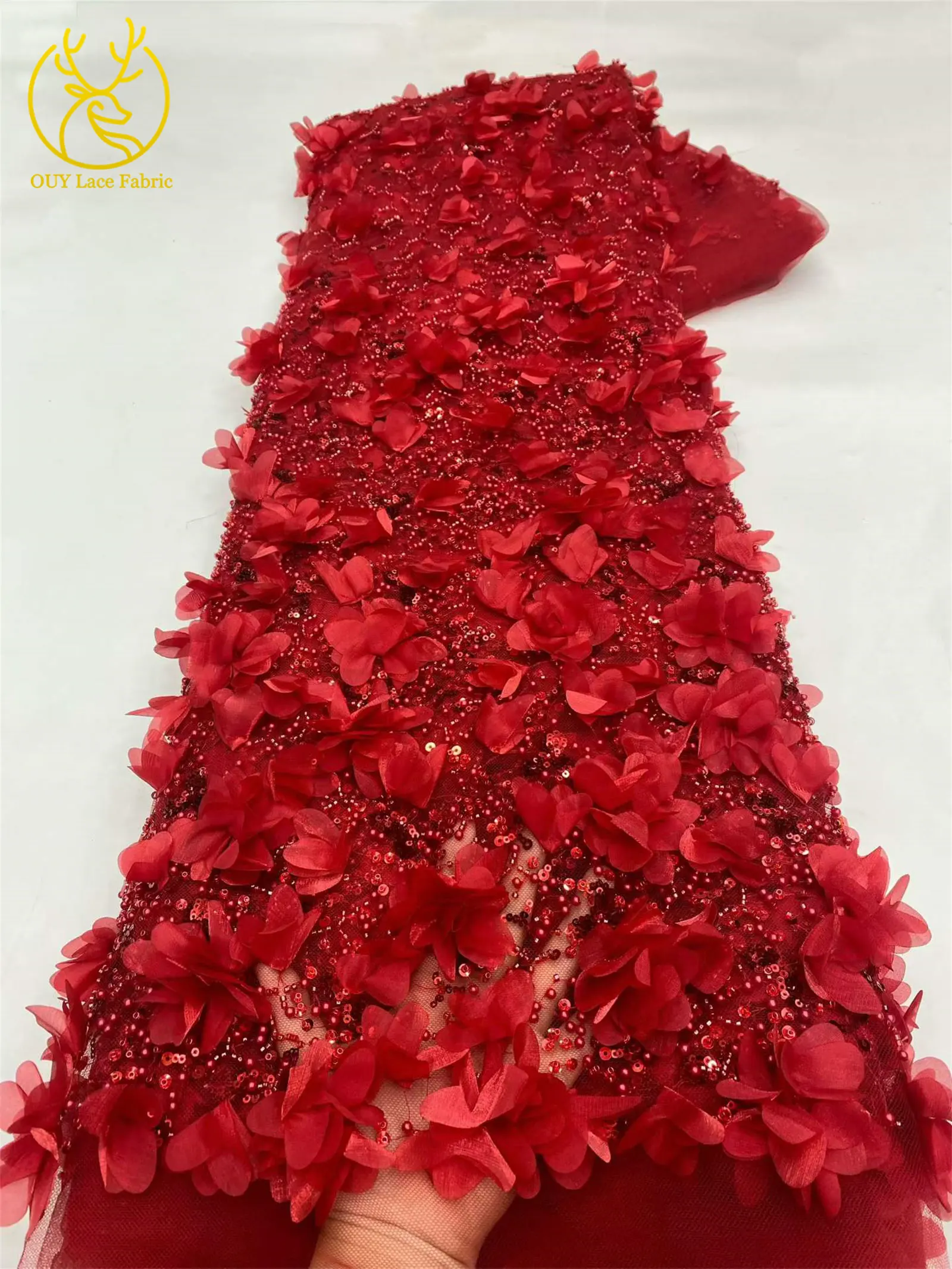 Afrikanischer Perlen-Pailletten-Spitzenstoff 2026 Schwarz 3D-Blumenstickerei Afrikanischer Spitzenstoff für Hochzeitskleid-Dekoration und Näharbeiten – Detail 11