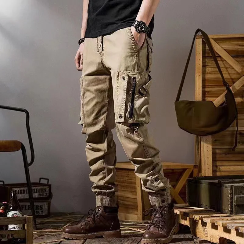 

American Sle Workwear Pants Men's Loose Straight Leg Cuffed Multi-ket Tactical Casual Pants Spring Autumn Seasonal