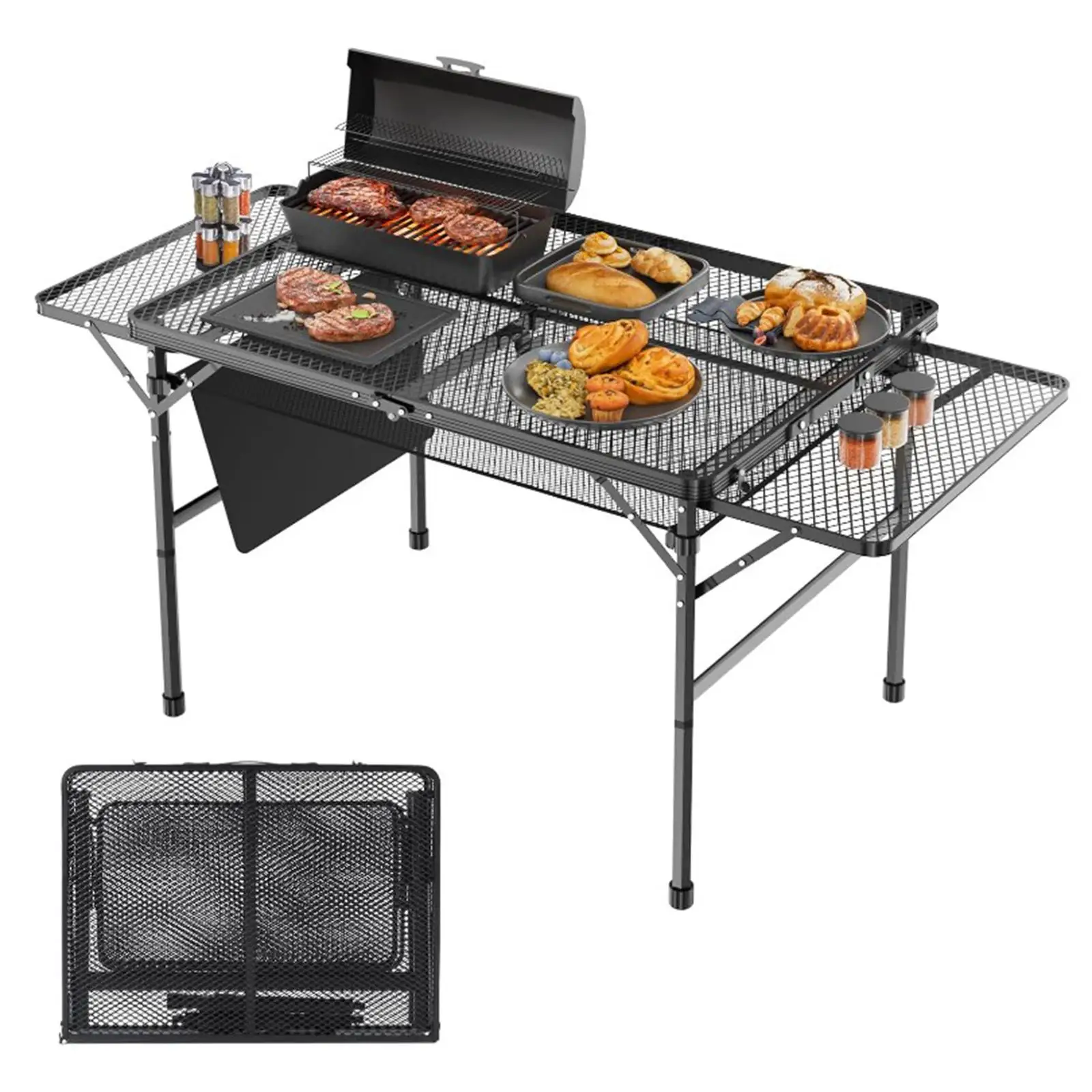 Folding Grill Table,Camping Table Carry Handle with Storage Mesh Desktop Adjustable Height for Backyard,RV,Outdoor,BBQ,Indoor