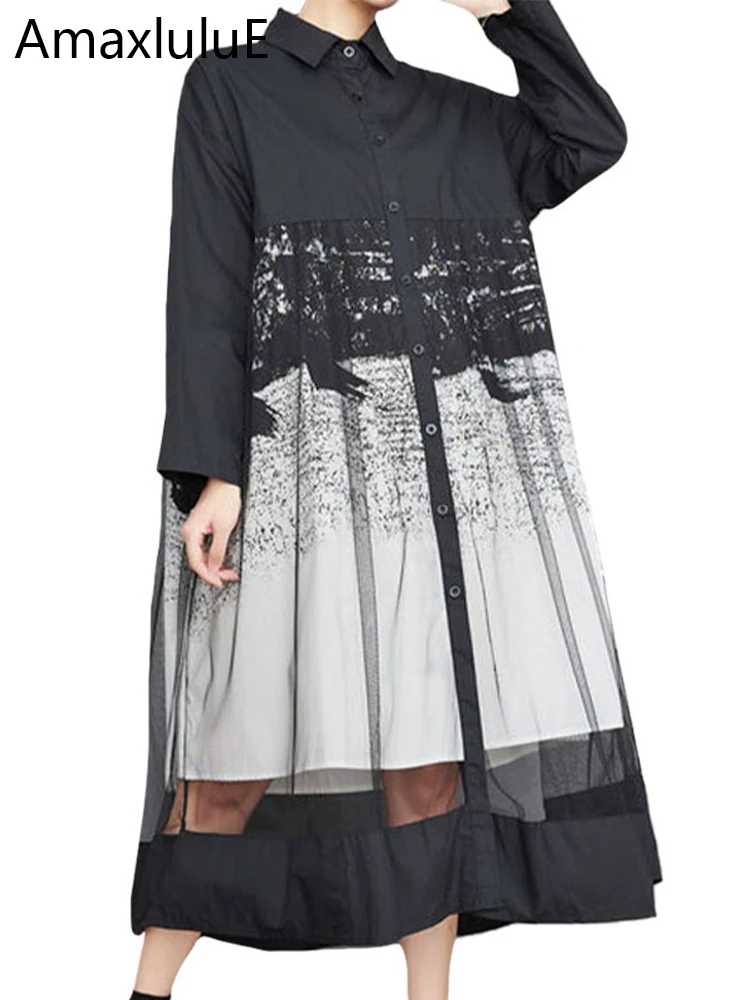 Amax luluE 2025 Koreańska Jesień Moda Długie Sukienki Damskie Luźne Vintage Sukienki z Siateczkowym Wzorem Luksusowe Harajuku Codzienne Bawełniane Ubrania