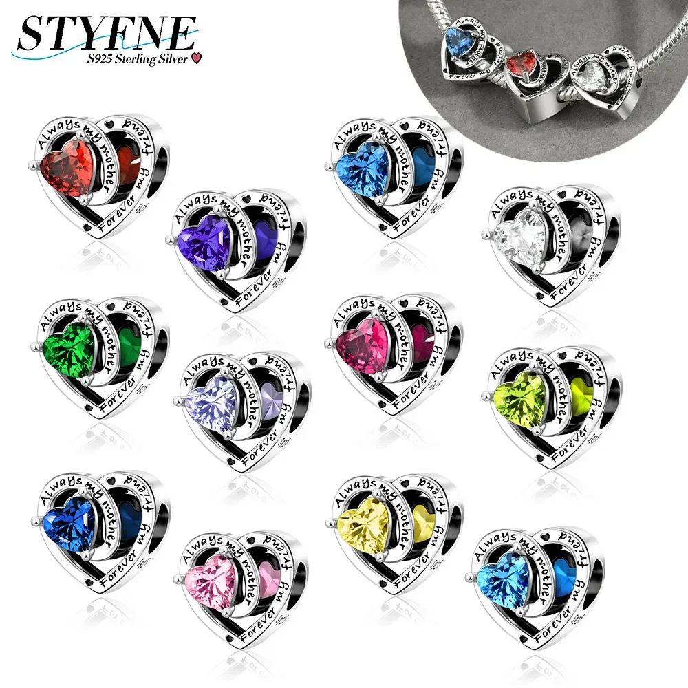 

925 Sterling Silver Lucky Zodiac Birthstone Colored Zircon Pendant Beaded Fit Pandora Original Bracelet Women DIY Original Gift