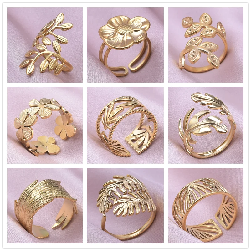 Plant Jewelry Fashion Leaf Flower Ring Open Adjustable Stainless Steel Rings For Women Men Bague Acier Inoxydables Femme Party