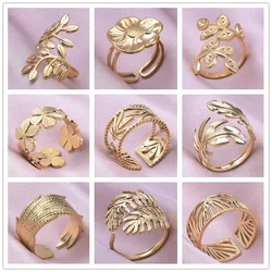 Plant Jewelry Fashion Leaf Flower Ring Open Adjustable Stainless Steel Rings For Women Men Bague Acier Inoxydables Femme Party