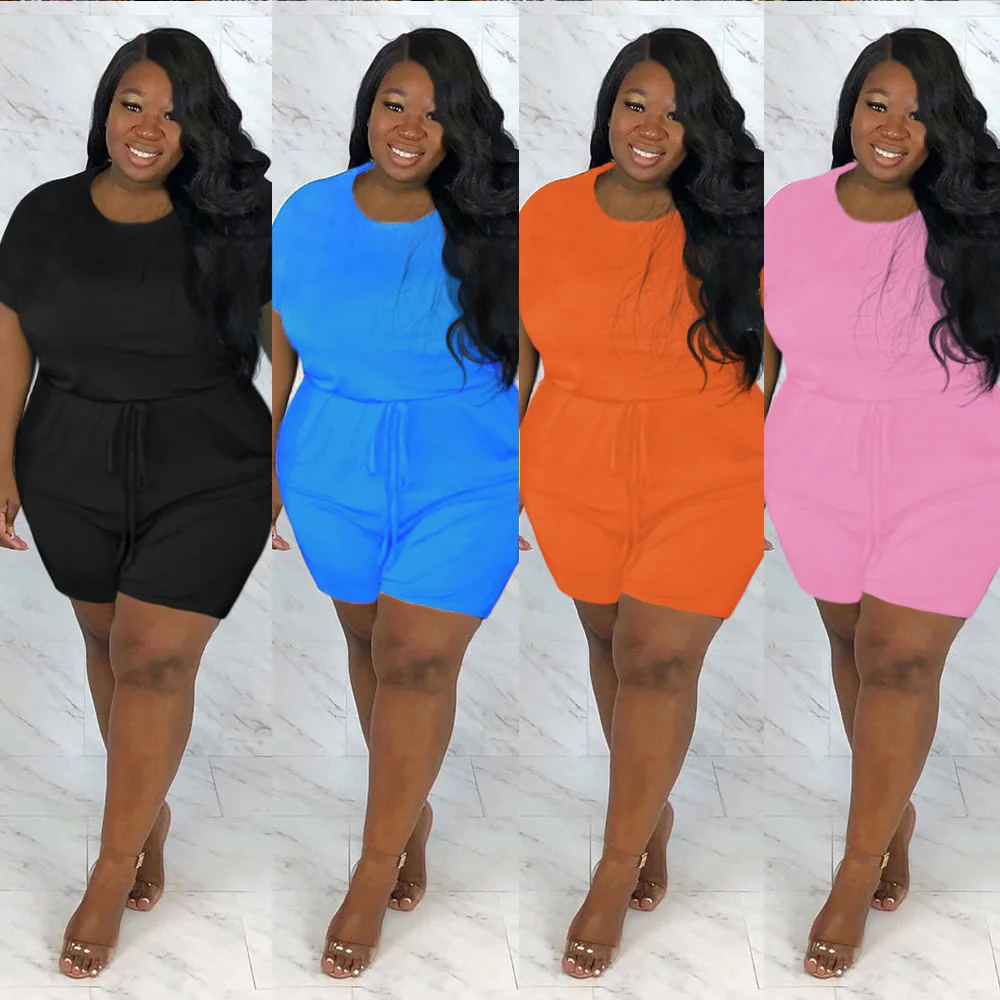 SOMO Plus Size Women Jumpsuit Summer Solid O-neck Short Sleeve Shorts Rompers Strappy Ladies Playsuit Wholesale Dropshipping