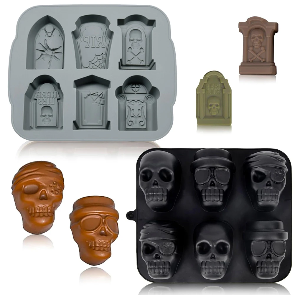 Halloween Skull Silicone Molds 6 Large Skull Mold & RIP Gravestone Mold 6 Cavity Tombstone Mold DIY for Halloween Birthday Party