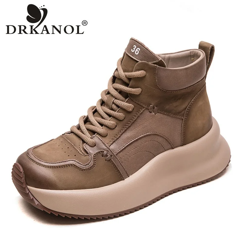 

DRKANOL Fashion Women Wedges Heel Ankle Boots Autumn Winter Lace-Up Round Toe Genuine Cow Leather Chunky Platform Short Boots