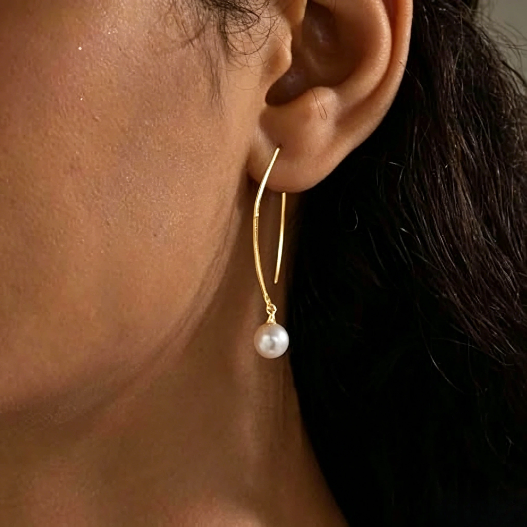 Curved Thin Bar Dangle Imitation Pearl Threader Earrings 316 Stainless Steel Gold Minimalist Long Drop Pearl Ear Jewelry