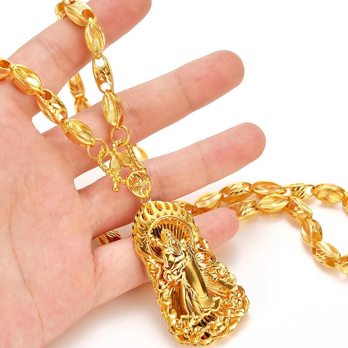 AU999 gold necklace Ping An Guan Yu pendant 24K pure gold mens and womens pendant Maitreya Buddha Guanyin necklace