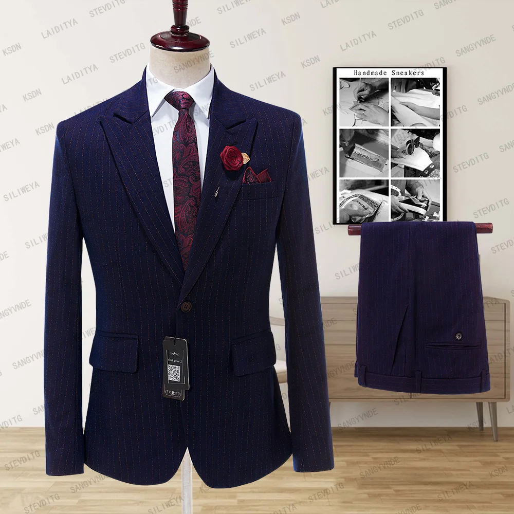 

SILIWEYA 2023 New Style Classic Dark Blue Striped Mens Suits Slim Business Blazer Single Breasted Wedding Groom Tuxedos 2 Pieces