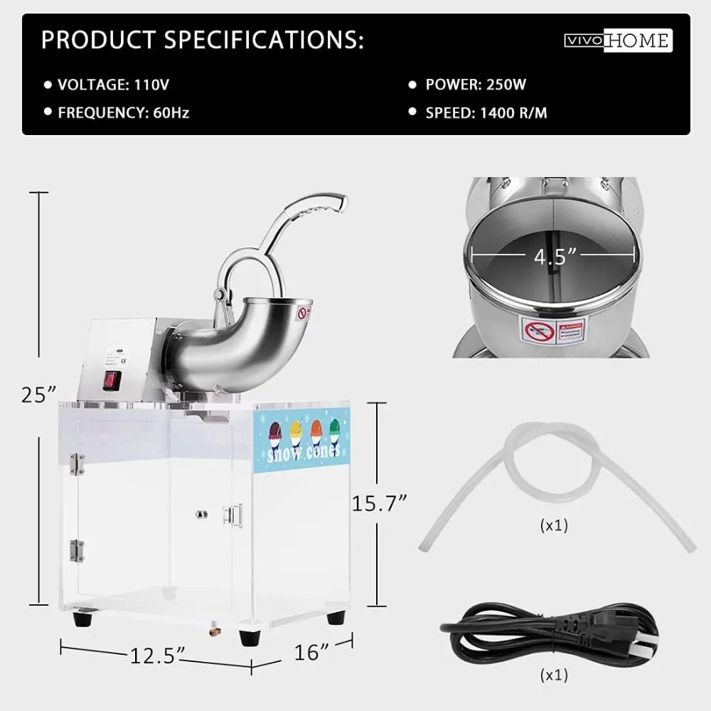 Aço inoxidável elétrico Dual Blades comercial Ice Crusher, Snow Cone Maker Machine, Barbeador com caixa de acrílico, 440lbs/hr