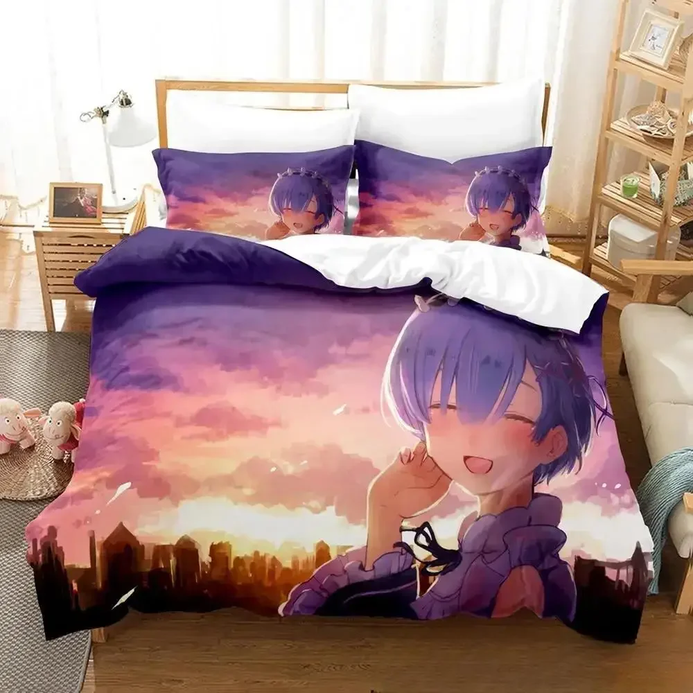 3D Anime Re Zero Rem Ram Emilia Bedding Set Duvet Cover Bed Set Quilt Cover Pillowcase Comforter king Queen Size Boys Adult