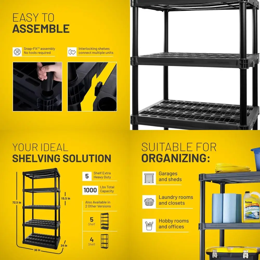 

Durable 5-Shelf Plastic Storage Rack, 72.5x36x24, 1000 lbs, Black, for Home & Office