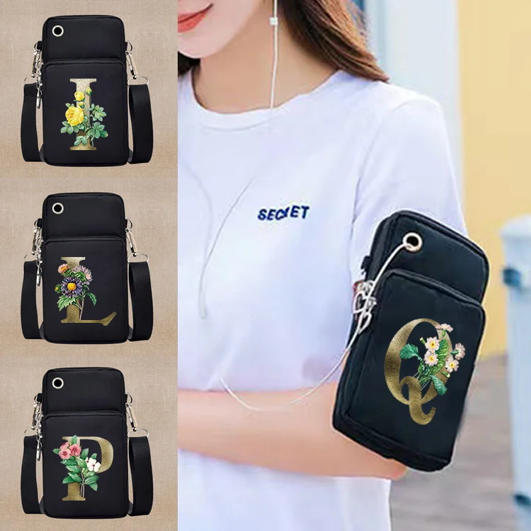 Universal Mobile Phone Bag Cover Pouch Waterproof Sport Arm Purse for Xiami Redmi Note 10s Case Golden Flower Letter Pattern