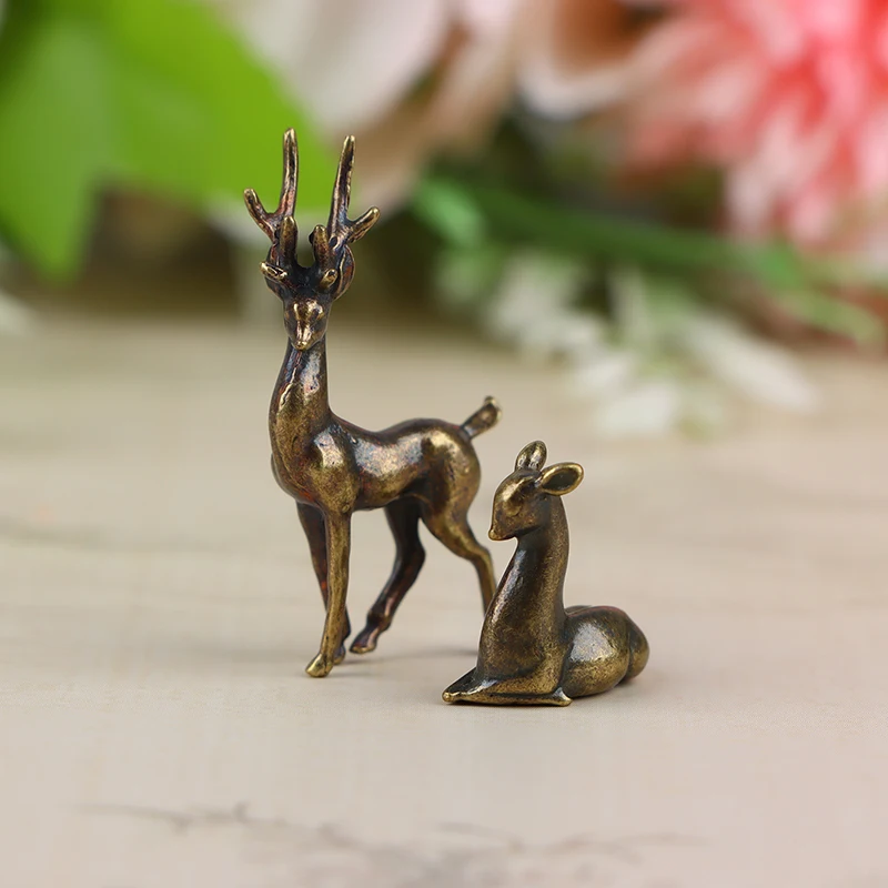 Retro Bronze Deer Small Ornaments Copper Sika Deer Micro Landscape Figurine Desktop Antique Home Decor Gift