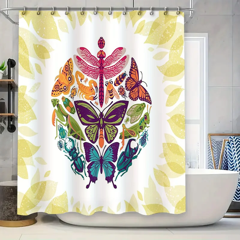 

Insect Shower Curtain Nature Bugs Wildlife Bathroom Decor Vintage Floral Patterned Backdrop Home Textile Artistic Wall Hanging