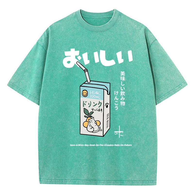 Casual Women Cotton Washed T-Shirt Cartoon Drink Pattern Printing Short Sleeve Loose O-Neck Tee Shirt Vintage Female Clothes
