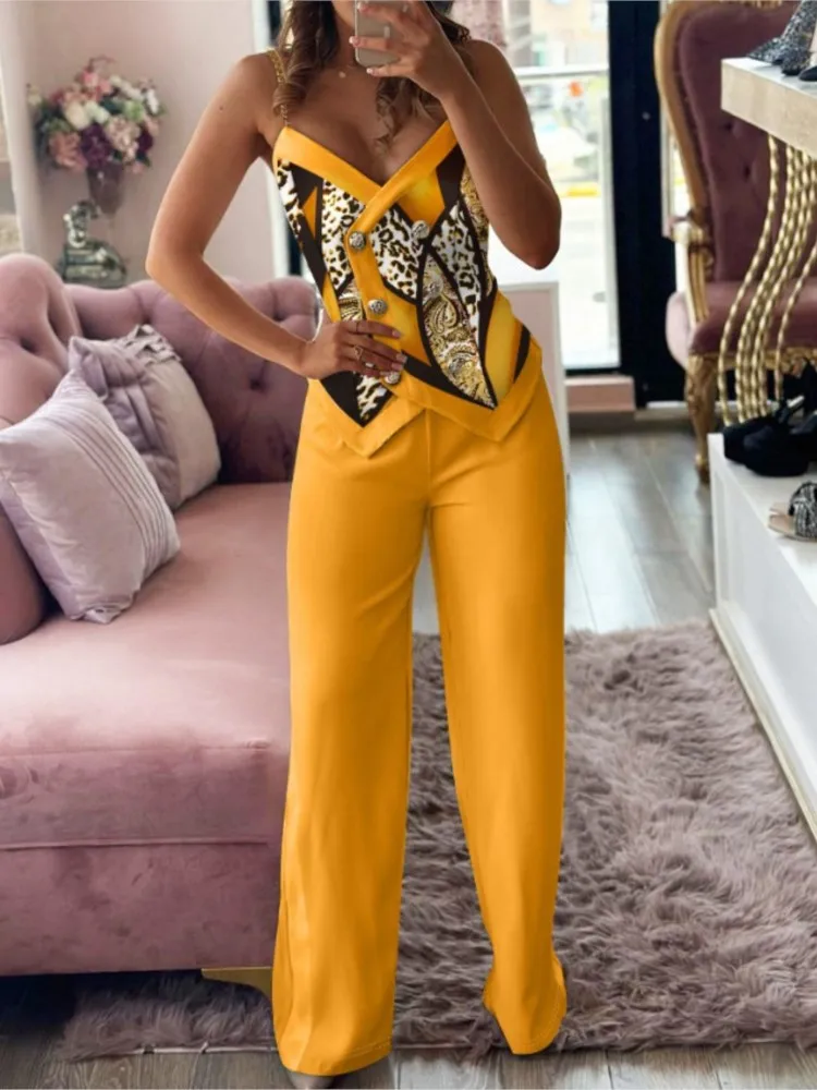 Spring Summer New Print Fashion Double Breasted Halter Women\'s Suit Sexy Slim Elegant Simple Trousers Female Office 2 Piece Set