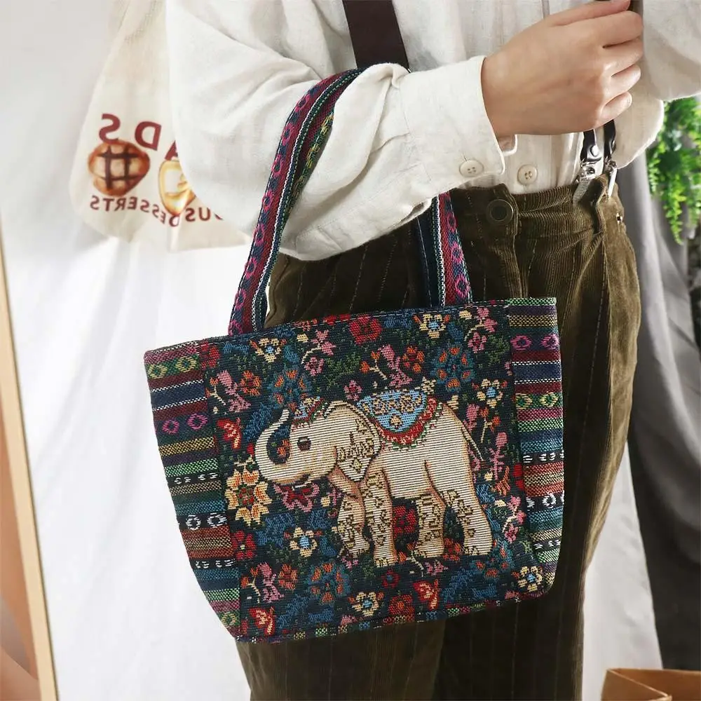 Trendy Embroidery Elephant Ethnic Style Handbag Animal Peacock Canvas Tote Bag Rabbit Canvas Women Shoulder Bags Storage Bag