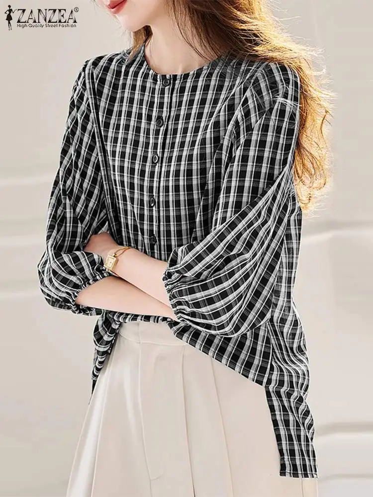 

2024 Spring Summer Women Blouse Fashion 3/4 Sleeve Plaid Checked Tops ZANZEA Elegant OL Work Shirt Casual Loose Holiday Blusas