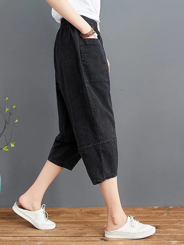 

Slimming plus Size Women's Cotton Linen Harem Pants Summer Casual Loose Fit High Waist Blue Seven-Foot Jeans by Meimei Da