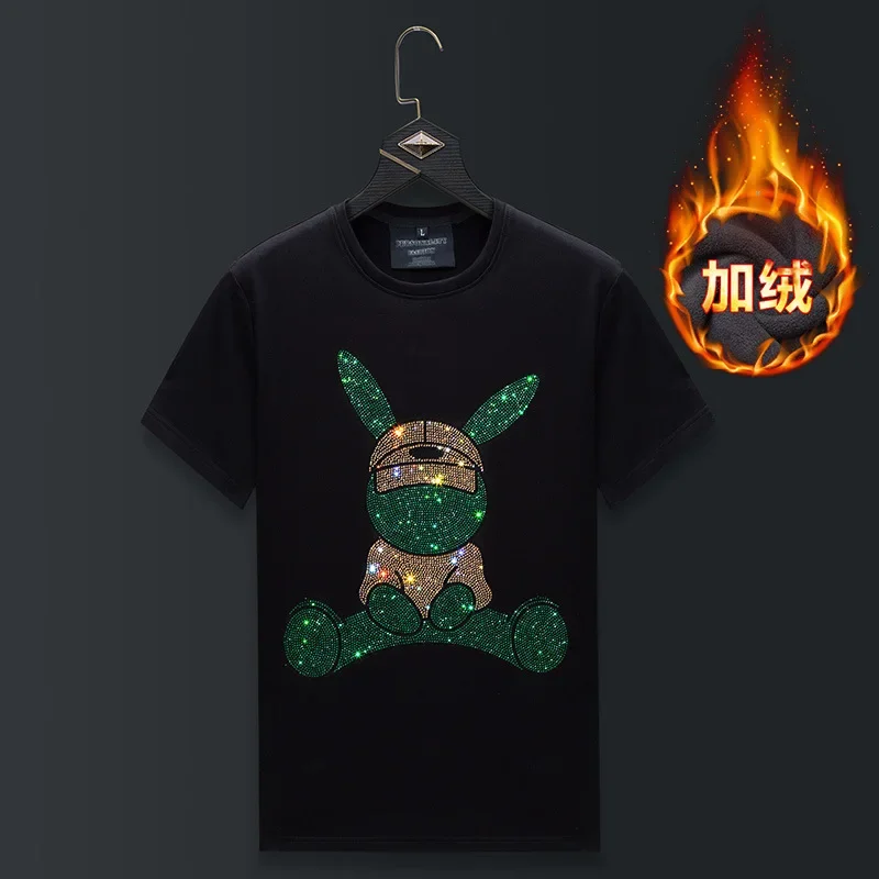 Plus Size Short Sleeve T Shirt Men Winter Clothes Cartoon Rabbit Rhinestones Streetwear O Neck Thick Velvet Heat Tshirts Camisas