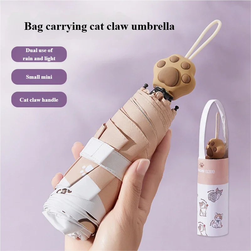 Guarda-chuva Portátil Ultra-Leve 5 Dobráveis para Sol e Chuva, Guarda-chuva com Revestimento Preto e Proteção UV, Guarda-sol Dobrável com Estampa de Pata de Gato