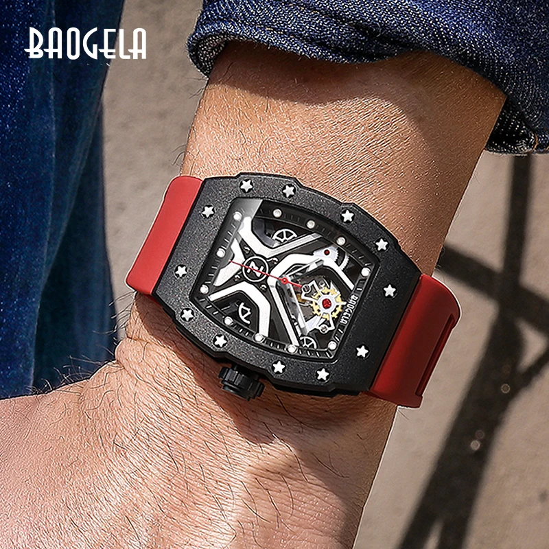 BAOGELA Fashion Luxury Top Brand Sport Quartz Watches Waterproof Steel Wristwatches Relogio Masculino Red Silicone Strap 4143