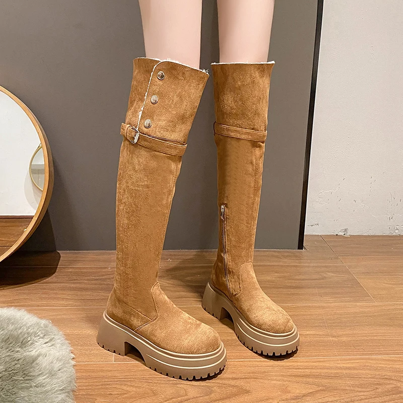 

Женские высокие сапоги на высоком каблуке, замшевые теплые туфли на массивном каблуке, модные зимние сапоги выше колена, новинка 2025 года, зима, Chelsea Botas Para Mujer