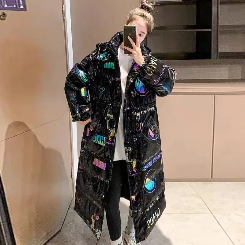 

Women's Parka New Bright Face Long Colorful Draw Padded Clothes Magic Color Thick Jacket Women Hooded Outwear Streetwear Coat