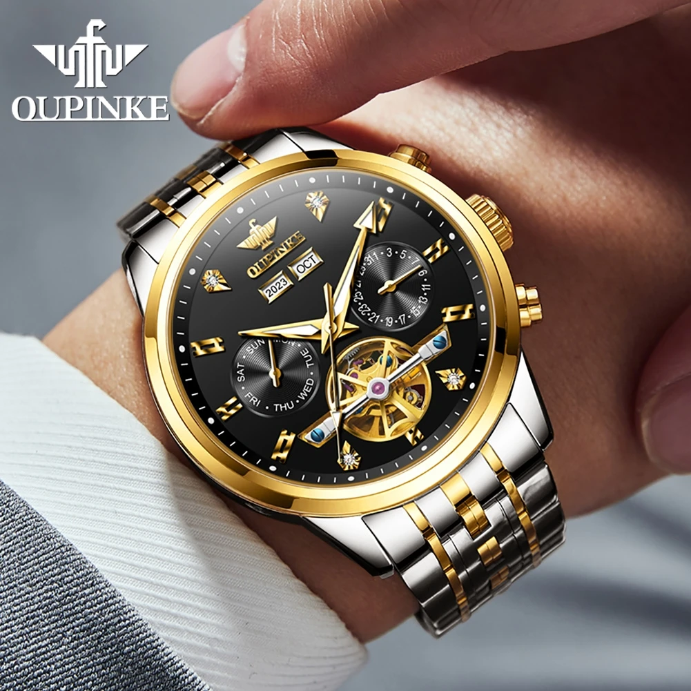 OUPINKE Original Men Mechanical Watch Skeleton Flywheel Waterproof Multi functional Watch Luxury Brand Automatic Men Watch 3248