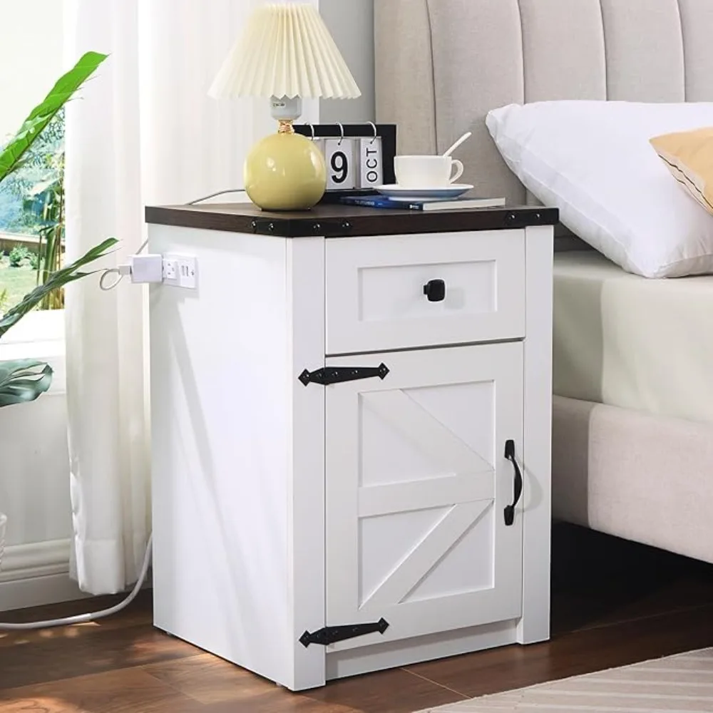 Nightstand with Charging Station, Farmhouse End Table with Barn Door and Drawer, Rustic Wood Side Table for Bedroom, White