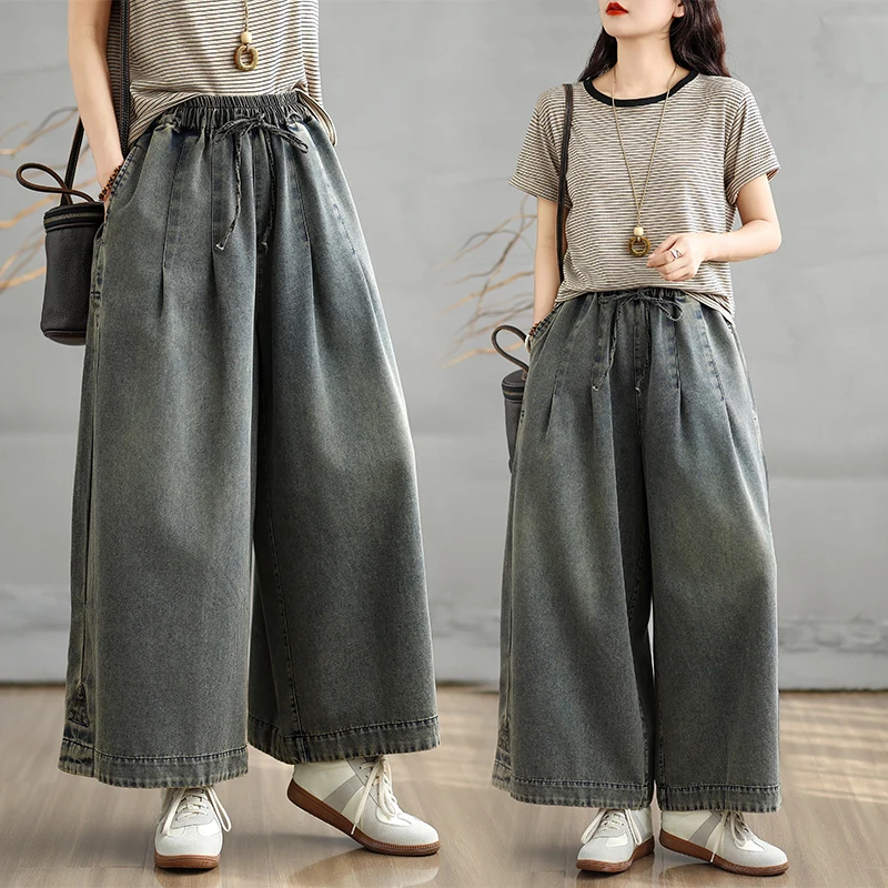 

Women Summer Plus Size Vintage Washed Casual Denim Wide Leg Pants Female Elastic Waistband Drawstring Cropped Pants Trousers