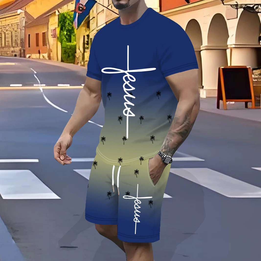 

Fashion explosion! Men's 3D gradual change polyester fiber knitted T-shirt set, new models are coming