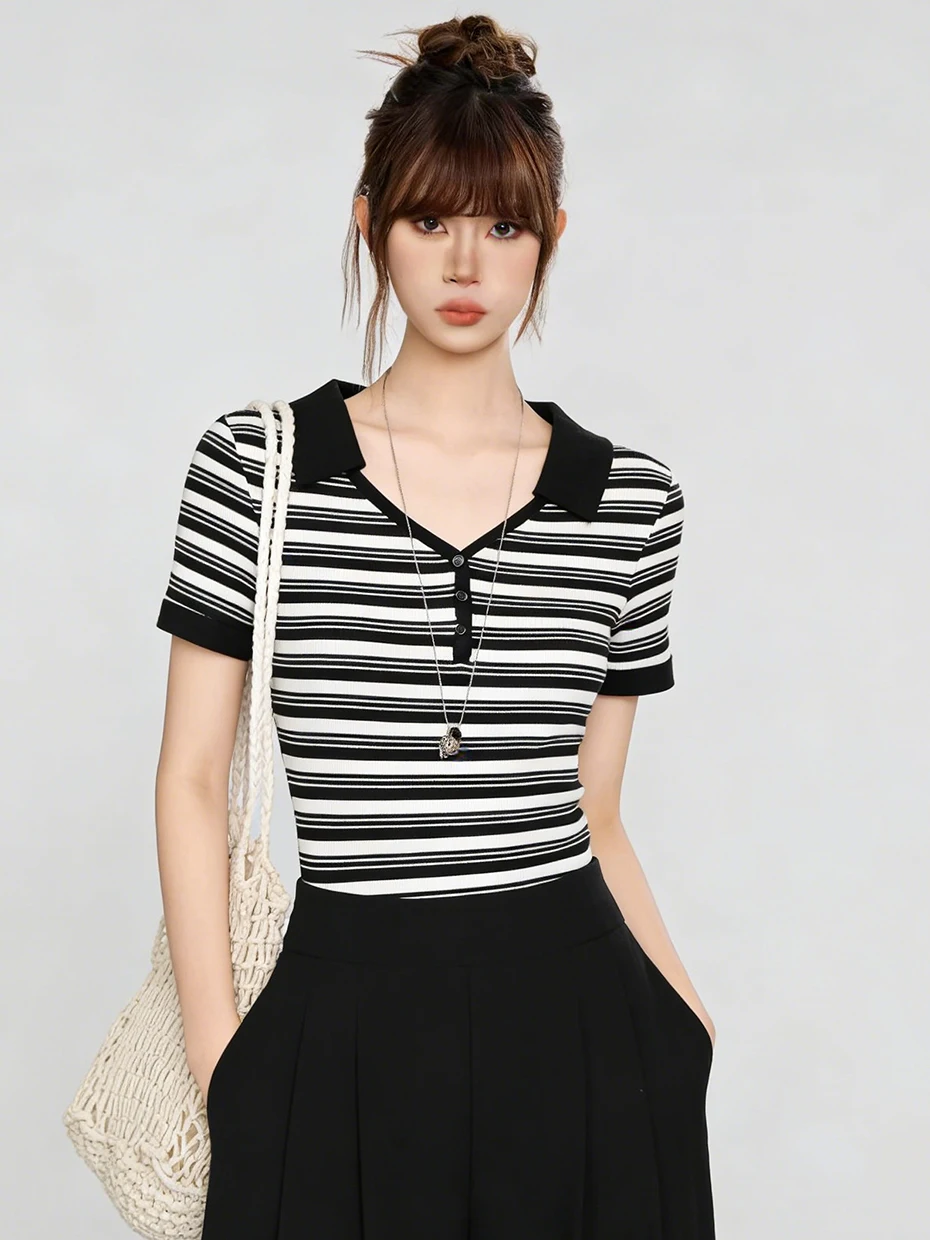 

Slim Fit Short Sleeve Shirt Women's T-Shirt Summer New Style High End Little Stripe Top Korean Style Commute Fashion