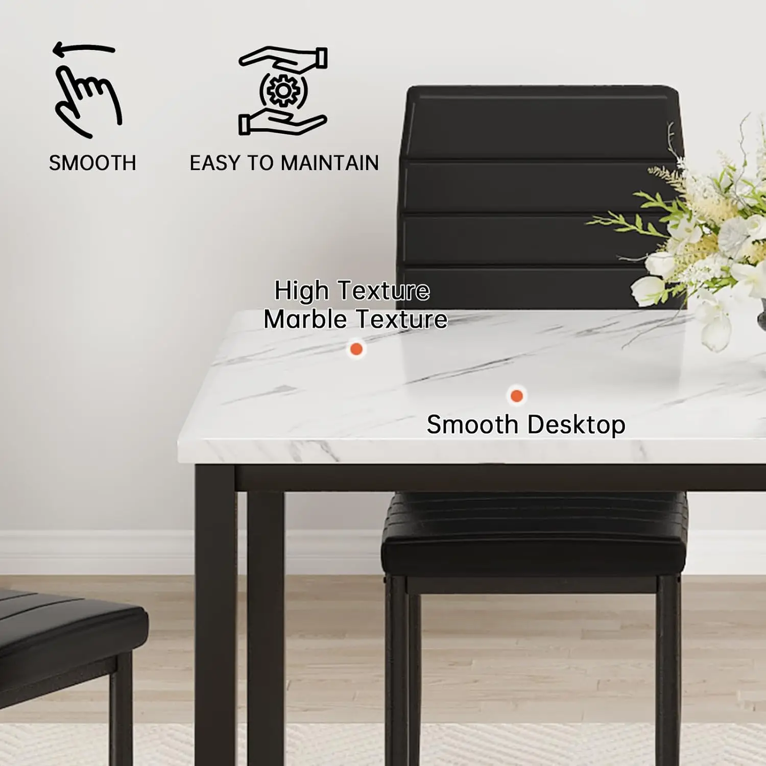 5 Piece Dining Table Set,Small Dining Table Set for 4, Faux Marble Dinner Table Set with 4 Upholstered PU Leather Chairs