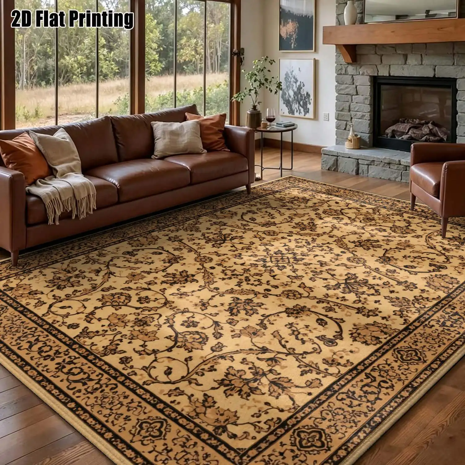 1Pc 2D Printed 1Pc Carpet: Beige-Brown Retro Floral, European Boho Style, Multi-Size, Machine Washable, for Door, Dining, Bedroom, Living Room