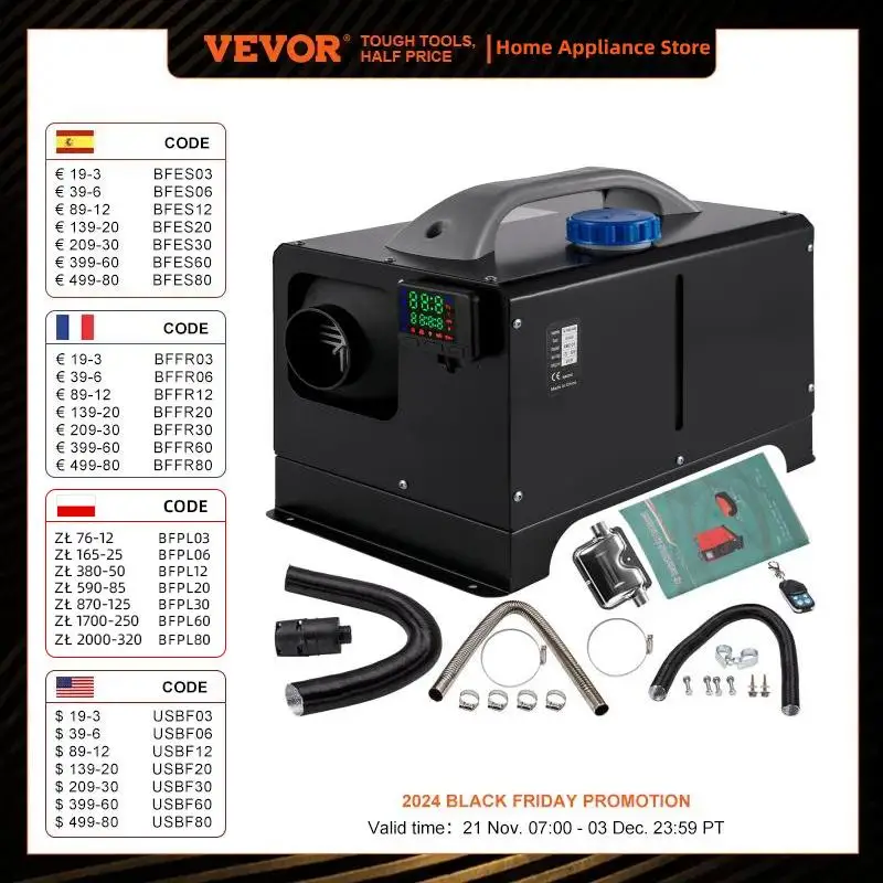 VEVOR-calefator de ar diesel com LCD preto, tudo em um, calefator do estacionamento do caminhão, controlo a distância, rv, barco, ônibus, carro, 8KW, 12V