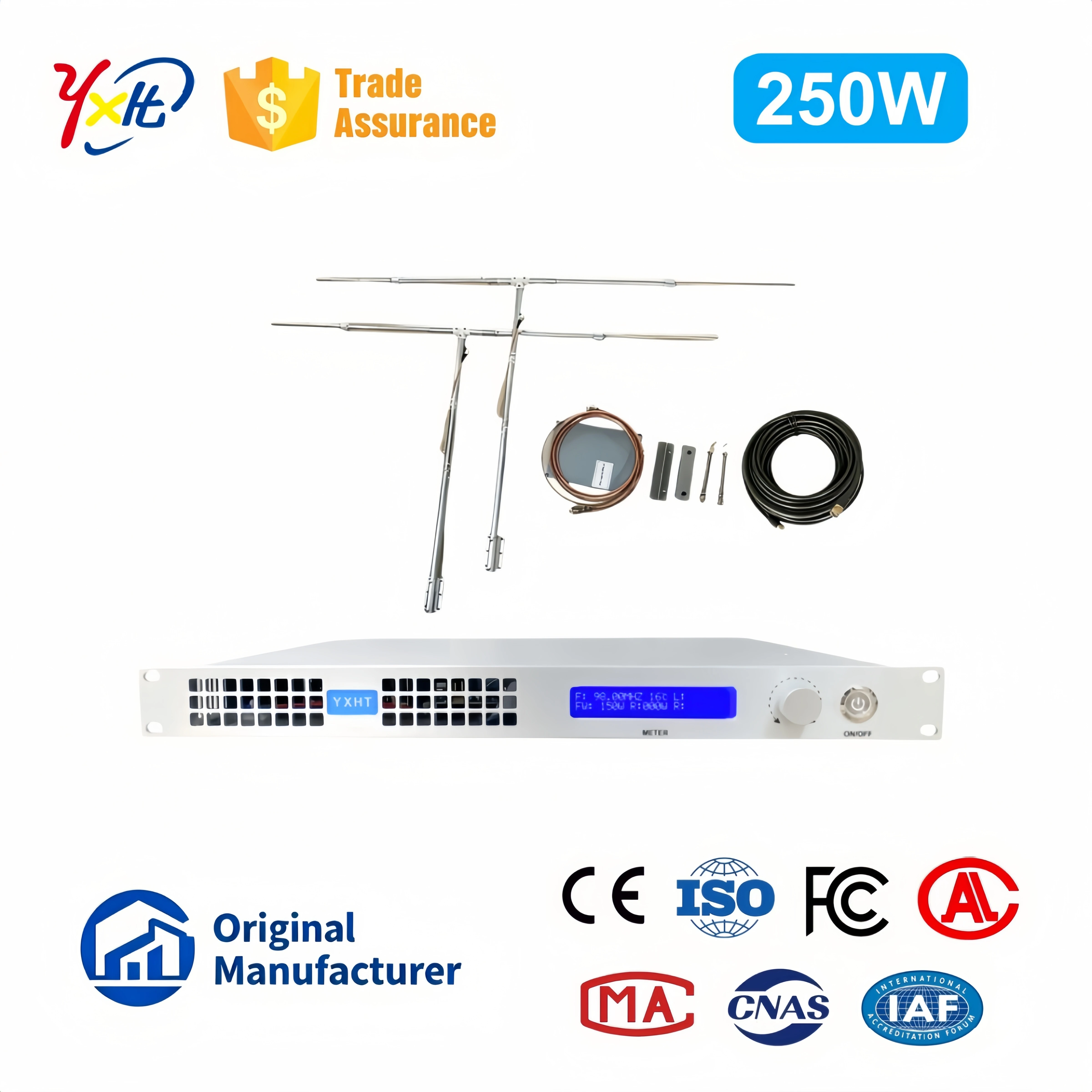 

YXHT-1U, 250W FM Transmitter + 2-Bay Antenna + 30M Cable,Radio Station, Studio Link, No Drift High Fidelity Full Kit