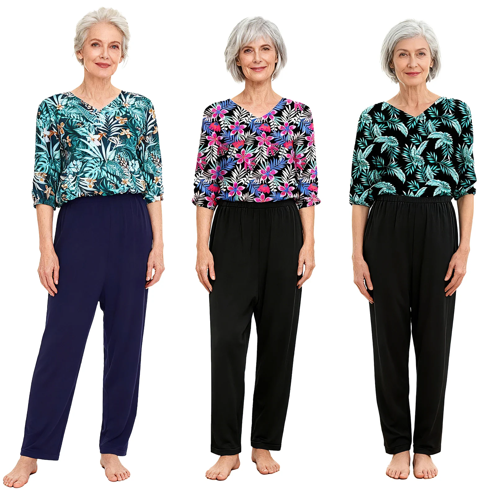 プリント柄と背中開きが特徴の女性用セキュアケアロンパース、高齢患者のための思いやりのある適応型看護ジャンプスーツ