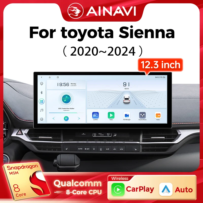 Ainavi 12,3 Zoll Autoradio für Toyota Sienna 2021 2022 2023 XL40 Kabelloses Carplay Android Auto 2K IPS Bildschirm Auto-Multimedia 4G