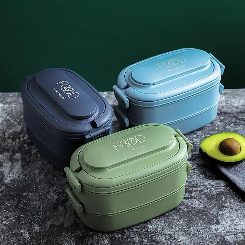 

Double Layer 1550ml Lunch Box with Spoon and Fork Microwave Safe Lunch Box Double Layer Bento Box Japanese Divider with Cutlery