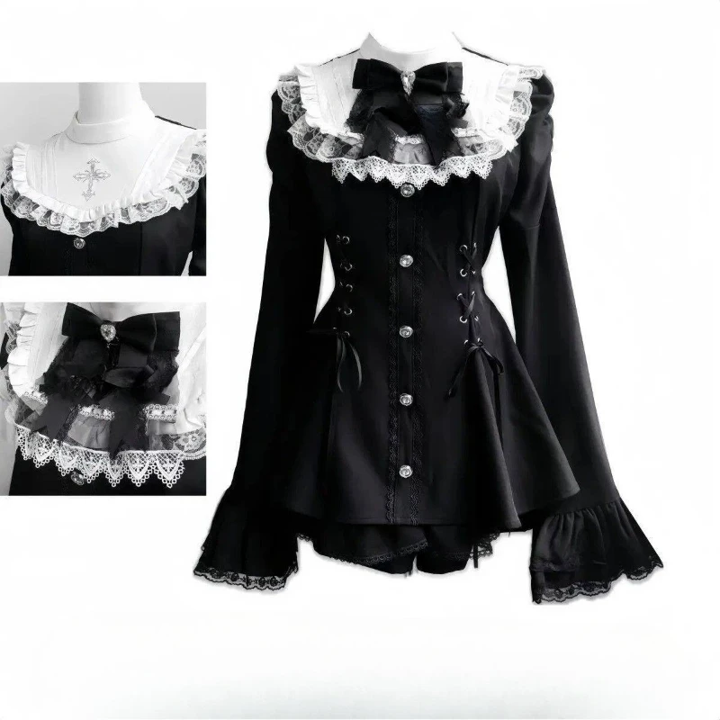 Japanese Lolita Two Pieces Set Harajuku Vintage Patchwork Lace Bandage Blouse Women Y2k Aesthetic Grunge Fairy Mini Skirts Suit