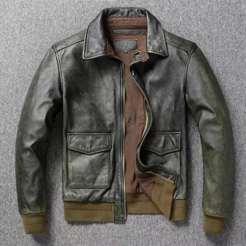 Top Layer Cowhide Leather Jacket A2 Air Force Flight Suit Men's Retro Old Slim Fit Short Lapel