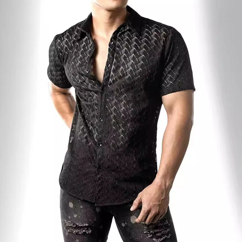 Men Summer Mesh See Through Lace Lapel Short Sleeve Shirts Sexy Party Nightclub Tops Tee Casual Comfortable